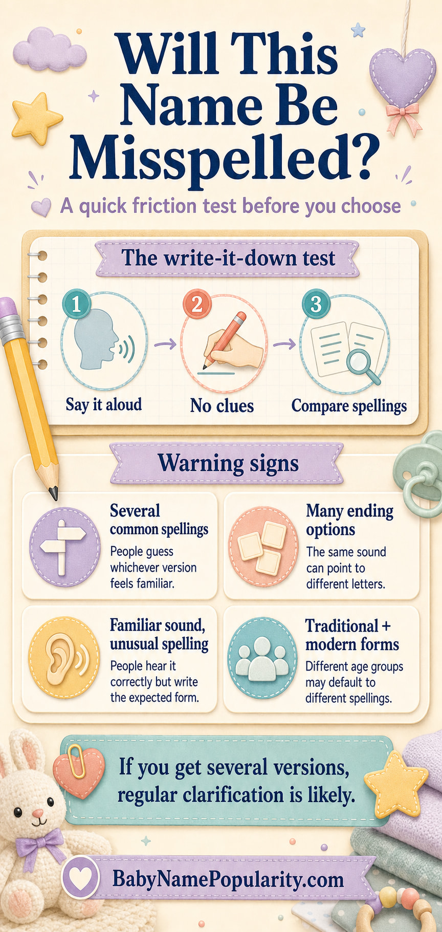 Infographic showing how to test whether a baby name will be constantly misspelled