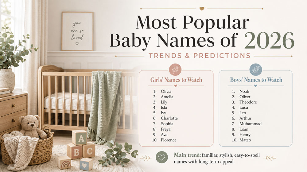 Most popular baby names of 2026 with predicted girls’ and boys’ names to watch.