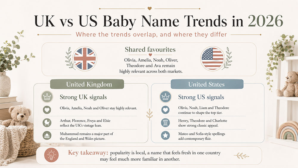 UK vs US baby name trends in 2026 showing shared favourites and key differences between both countries.