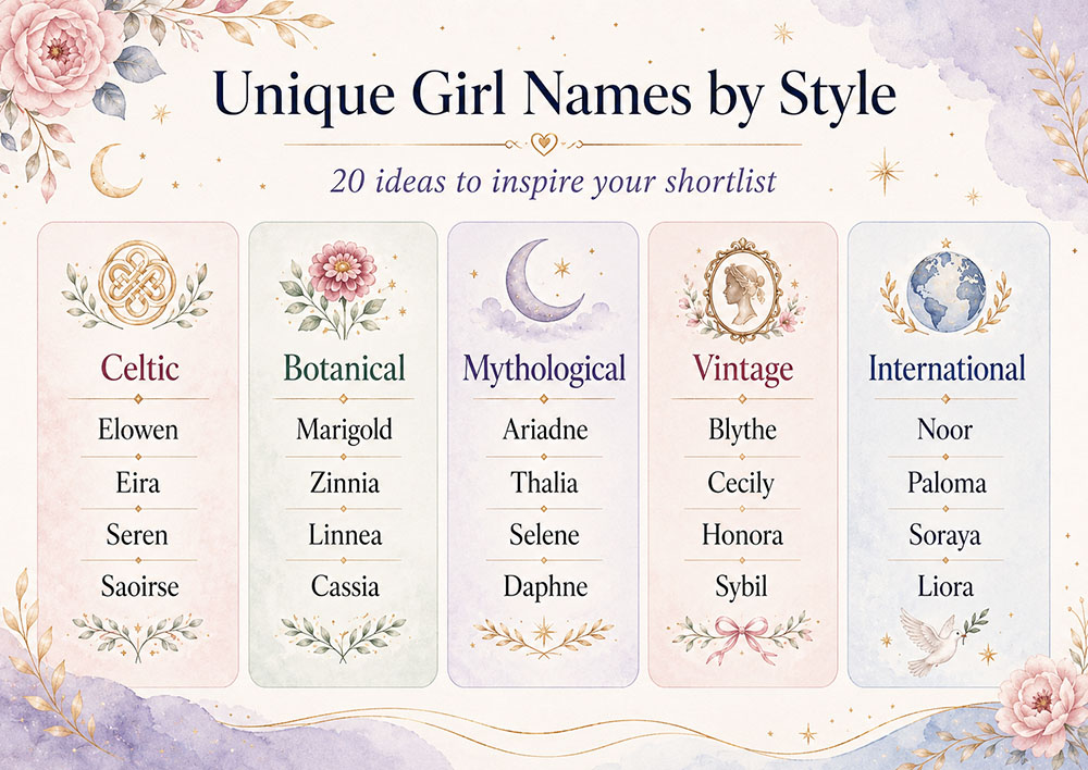 Infographic of unique girl names grouped by style, including Celtic, botanical, mythological and international names