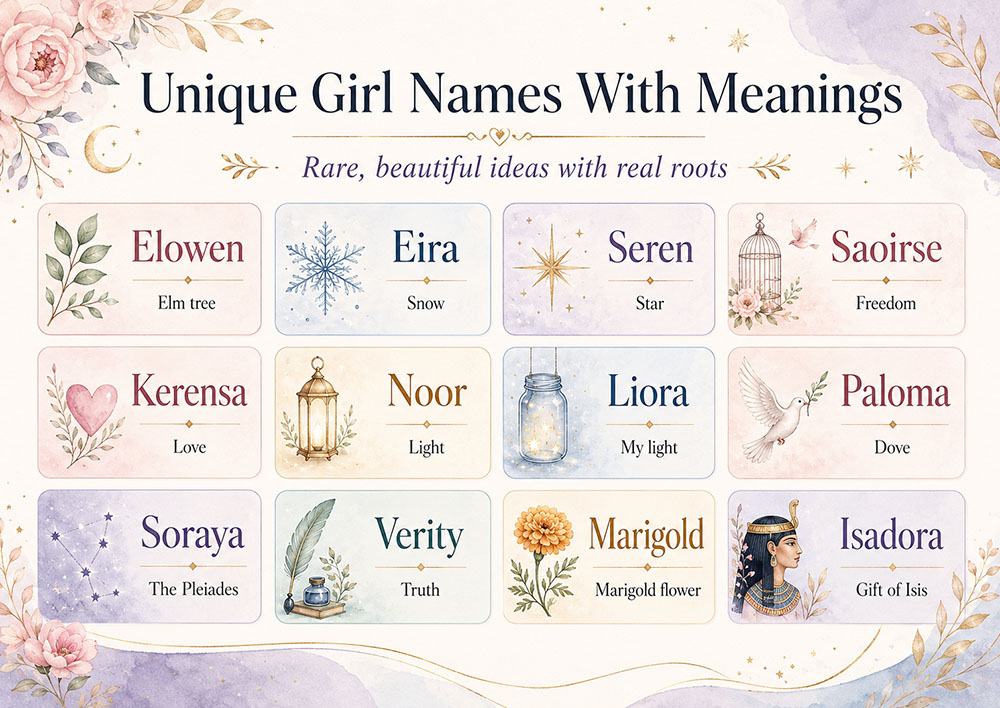 Infographic of unique girl names with meanings, origins and popularity insights