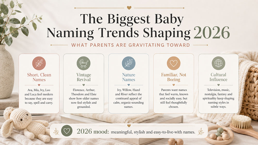 The biggest baby naming trends shaping 2026 including short names, vintage names, nature names and cultural influence.